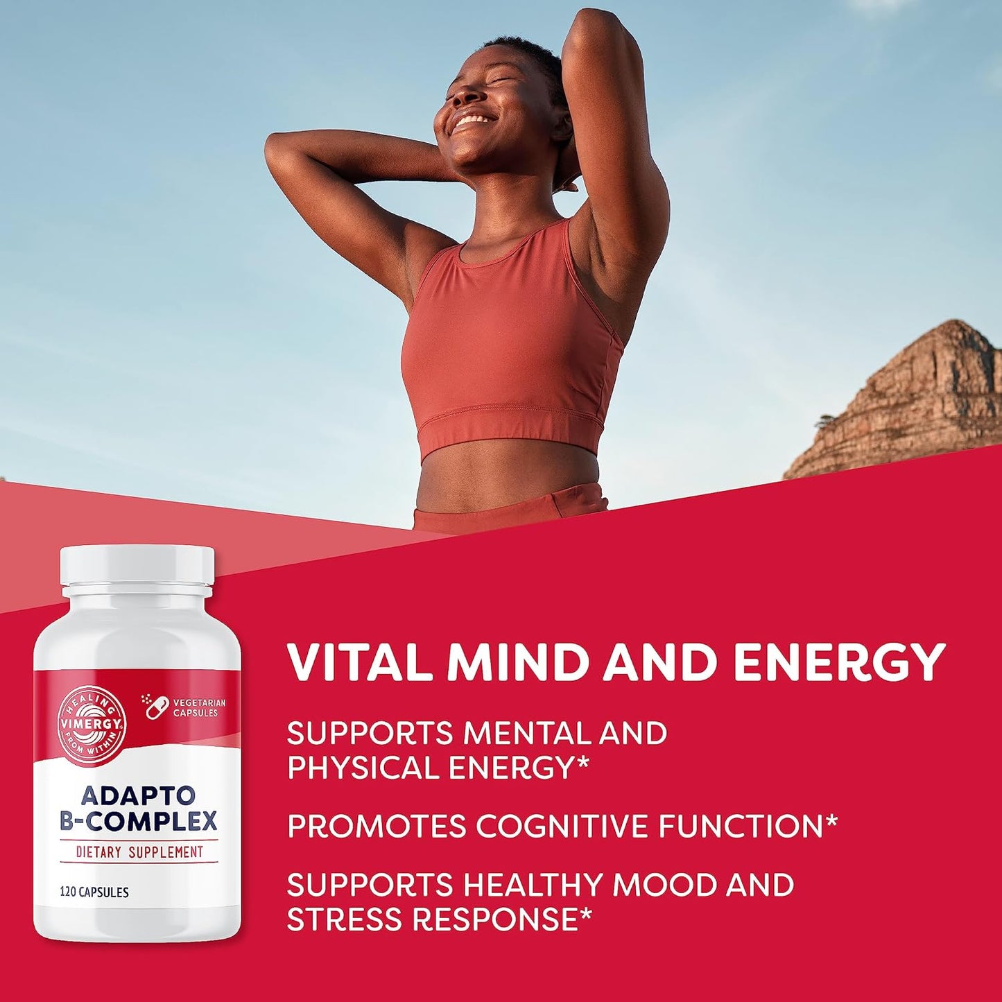 Vimergy Adapto B Complex, 120 Servings – High Potency with 8 B Vitamins, Rhodiola & Hawthorn Berry – Supports Mental Energy, Cognition, Mood - Non-GMO, Kosher, Vegan, No Gluten, No Soy