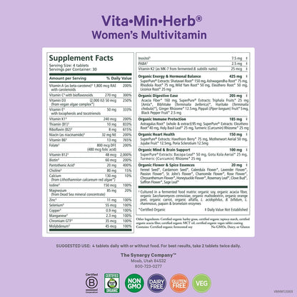PURE SYNERGY Vita·Min·Herb for Women | Women’s Comprehensive Multivitamin Supplement | Made with Organic Whole Food Non-GMO & Vegan Ingredients | Supports Energy & Immune Health (120 Tablets)