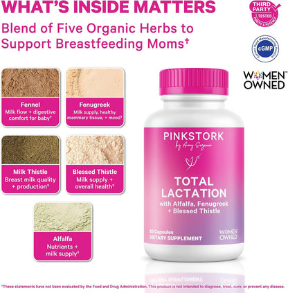 Pink Stork Total Lactation Supplement for Breast Milk Supply, Organic Fenugreek and Alfalfa to Support Breastfeeding, Milk Flow, and Production, Postpartum Essentials - 60 Capsules