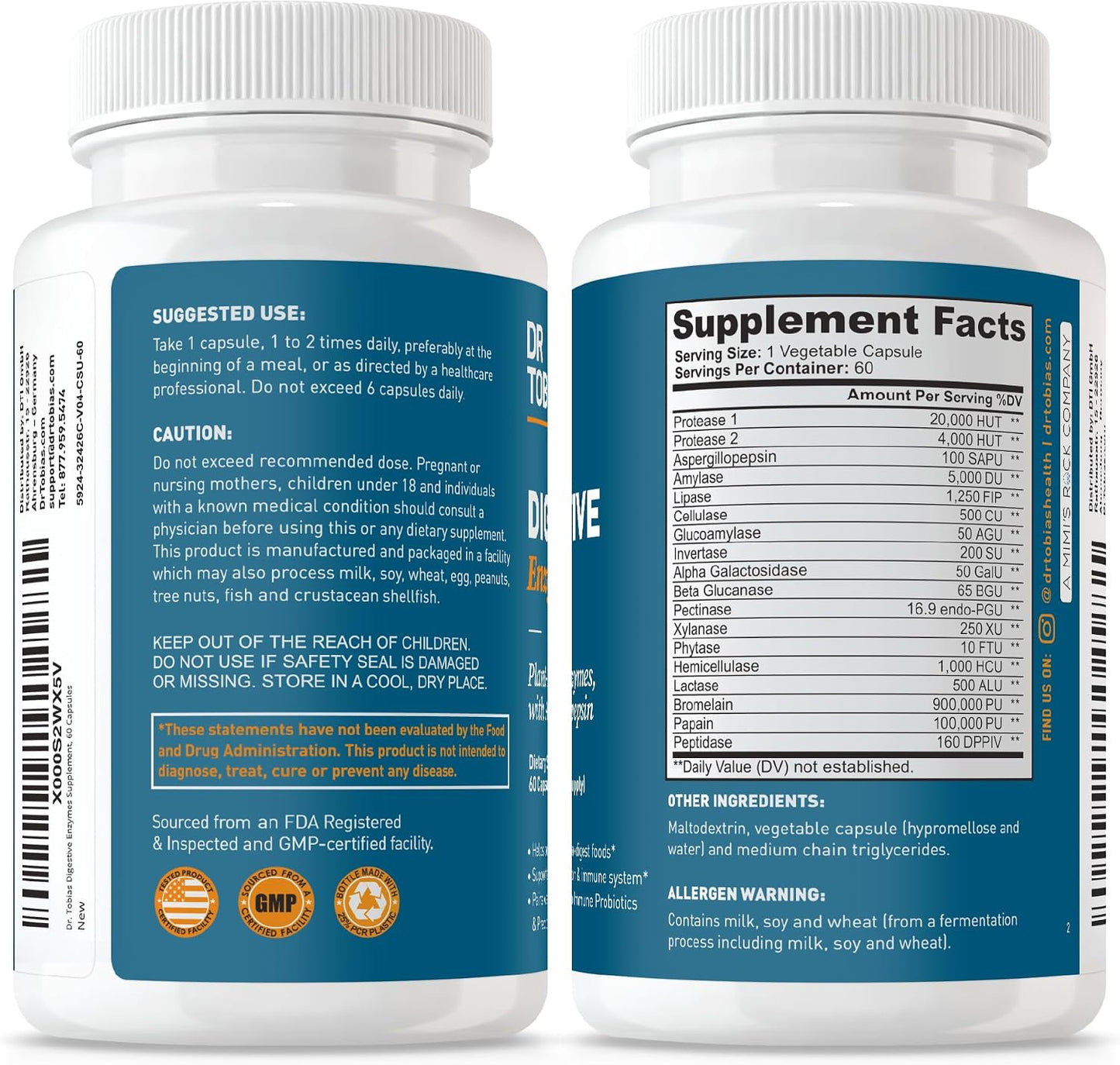 Dr. Tobias Digestive Enzymes 18-Enzyme Blend 60 Caps | Digestive Support | Take at Meal-Time | Enzymes for Digestion | Amylase + Lipase + Lactase | Digest Proteins, Fats, Carbs & Dairy | 30 Servings