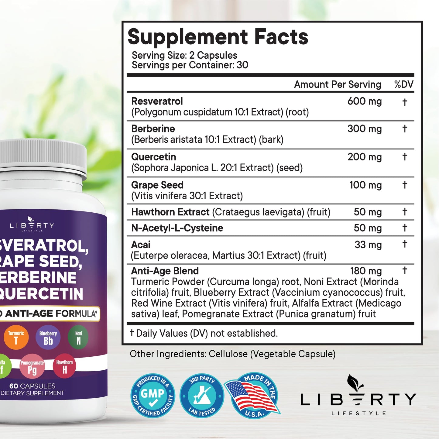 Liberty Lifestyle Resveratrol, Berberine, Grape Seed Extract, Quercetin, Polyphenol Supplement for Women and Men with Noni Extract, N-Acetyl Cysteine, Acai Extract - 2-Pack