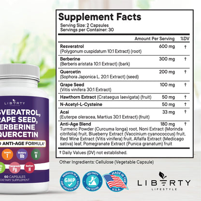 Liberty Lifestyle Resveratrol, Berberine, Grape Seed Extract, Quercetin, Polyphenol Supplement for Women and Men with Noni Extract, N-Acetyl Cysteine, Acai Extract - 2-Pack