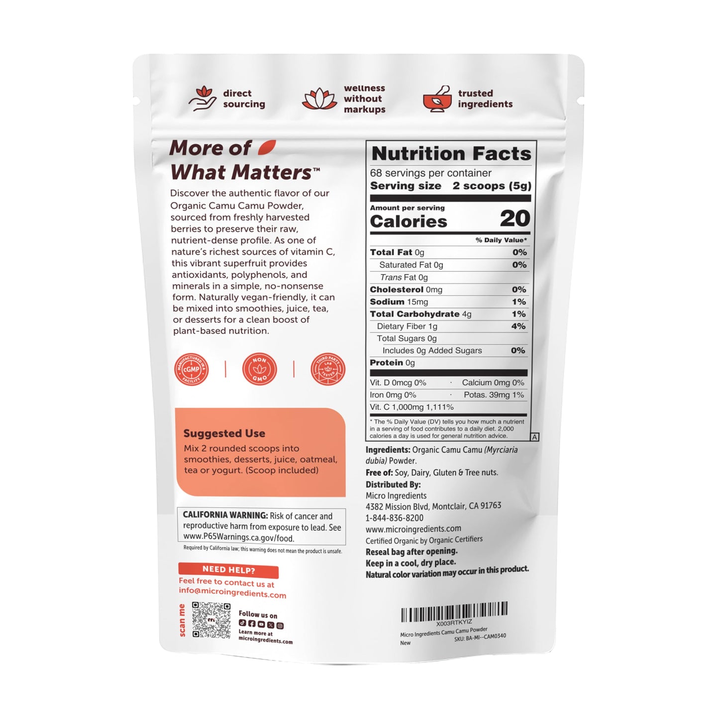 Micro Ingredients Organic Camu Camu Powder, 12 oz | Freshly Harvested Berry | Source of Naturally Occurring Vitamin C | Non-GMO, Vegan Friendly
