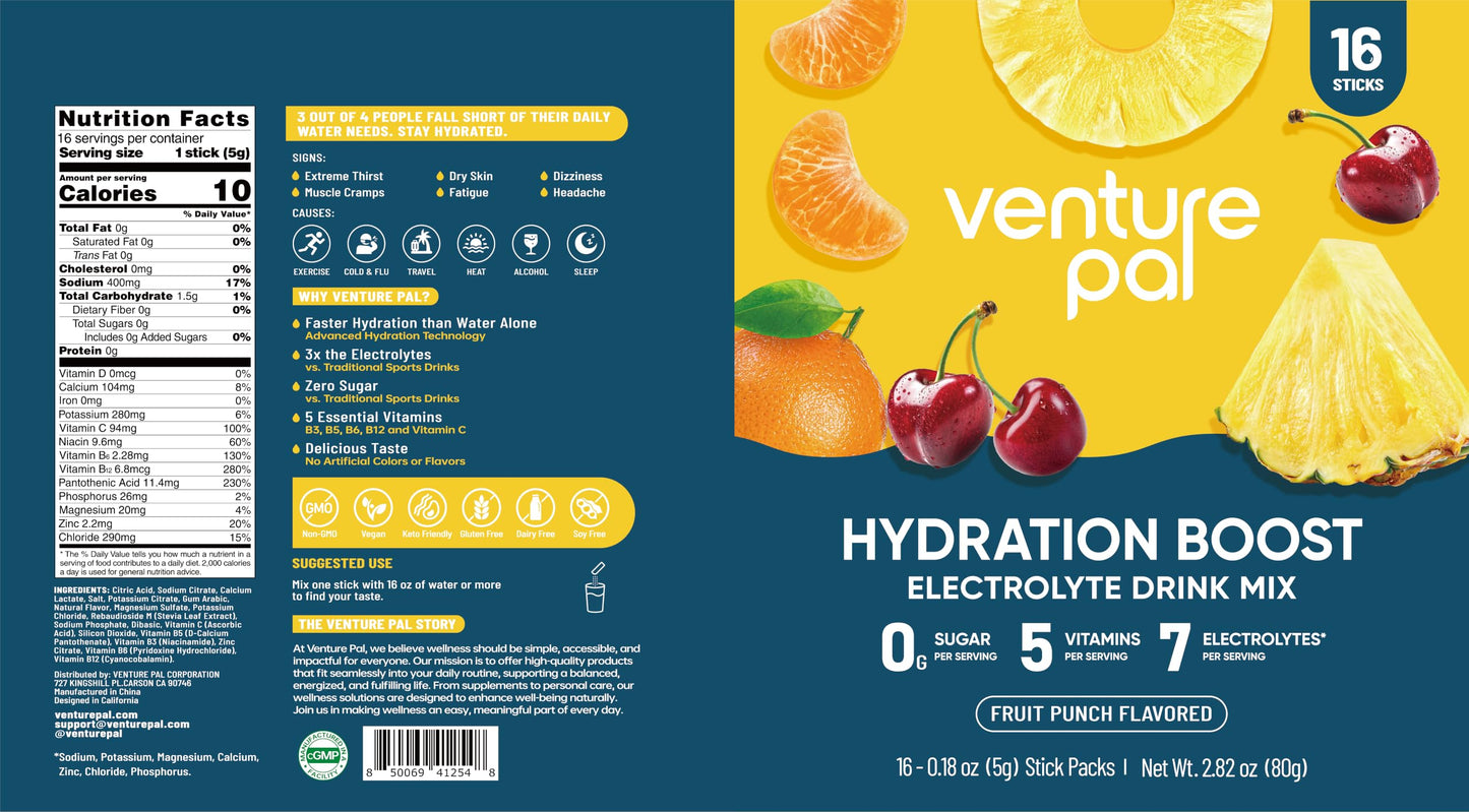 Venture Pal Sugar Free Electrolyte Powder Packets, Keto Friendly, 16 Sticks | Liquid Daily IV Hydration Packets for Rapid Rehydration. 7 Electrolytes & 5 Vitamins | Non-GMO | Vegan | Fast Dissolve