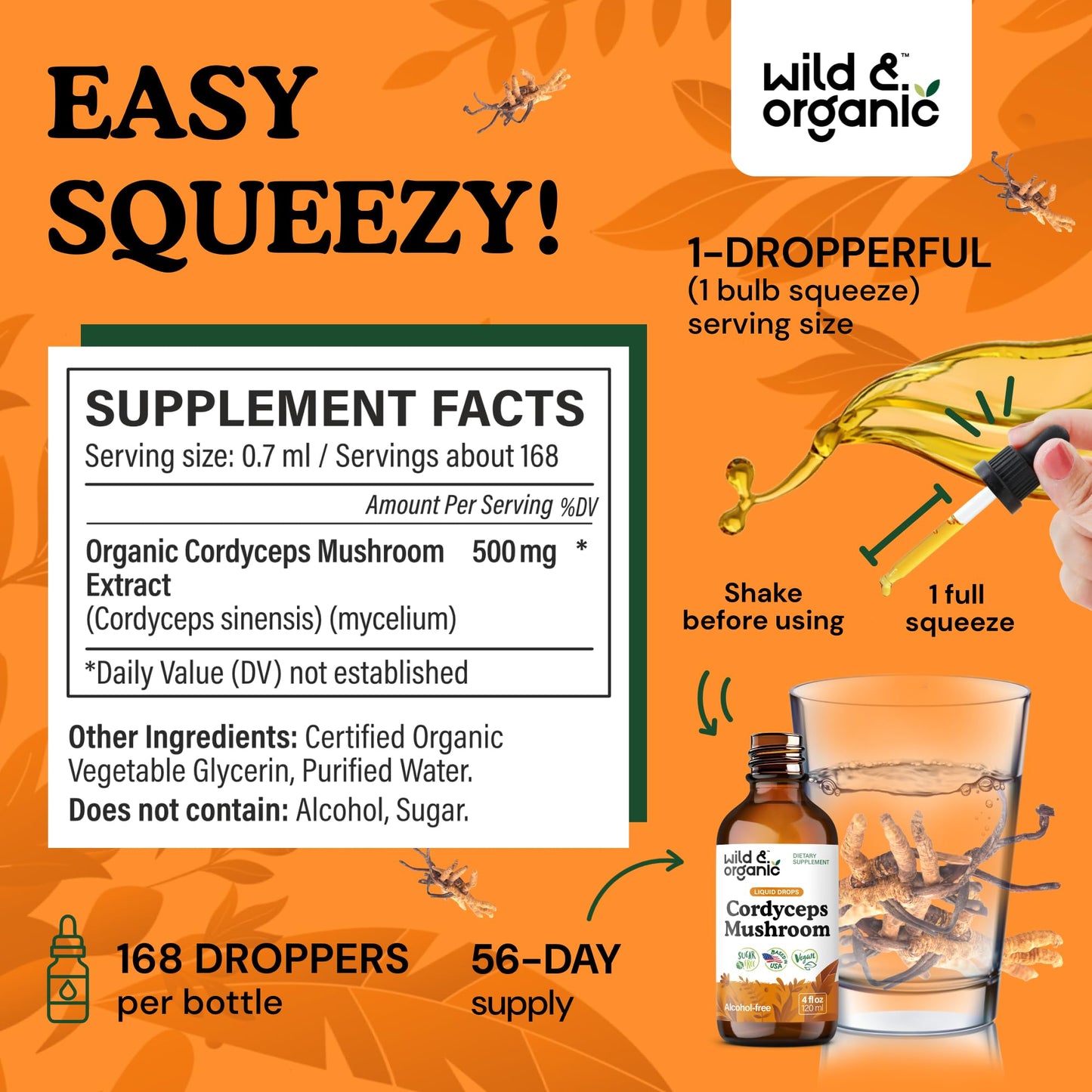 Wild & Organic Cordyceps Mushroom Tincture - Energy & Immune Support - Cordyceps Sinensis Extract Supplement - Liquid Mushroom Drops - Add to Tea & Mix with Powder - Sugar & Alcohol-Free - 4 fl oz