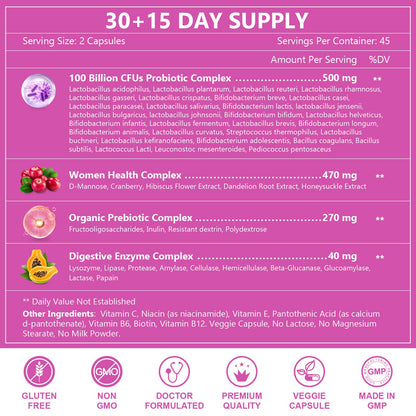 Probiotics for Women Digestive Health, 100 Billion CFUs Probiotic with Digestive Enzymes