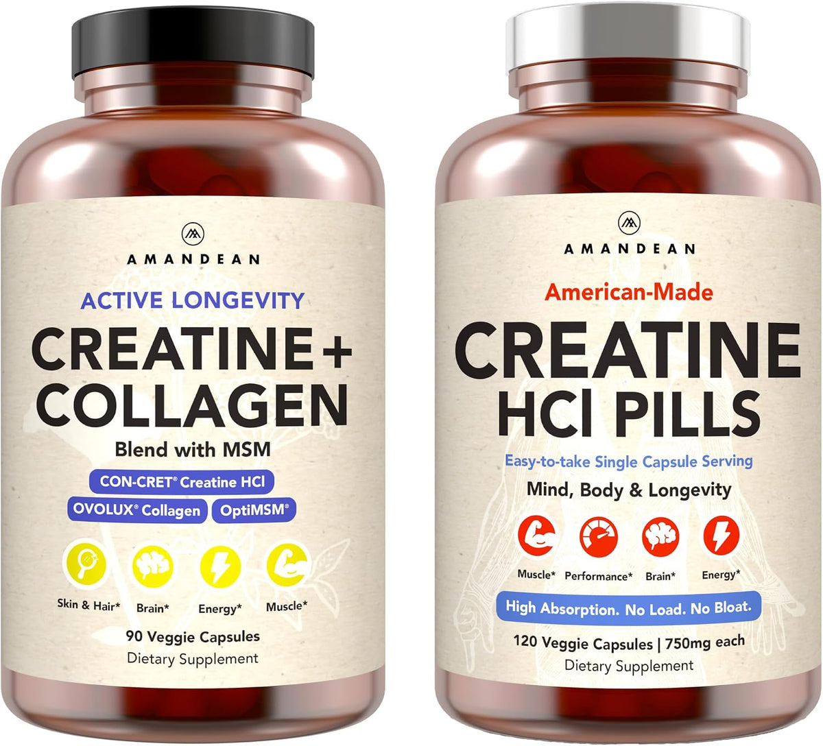 AMANDEAN Creatine + Collagen Bundle - CON-CRET Creatine HCl Capsules & Creatine, Collagen and MSM Stack, Strength and Recovery Support