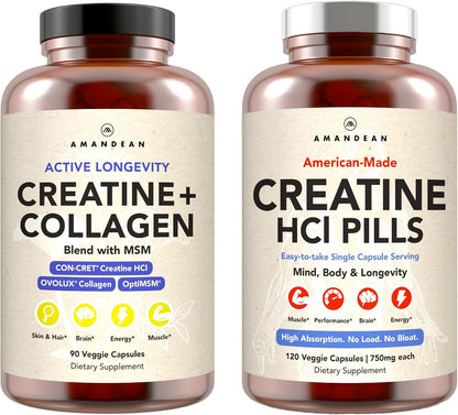 AMANDEAN Creatine + Collagen Bundle - CON-CRET Creatine HCl Capsules & Creatine, Collagen and MSM Stack, Strength and Recovery Support