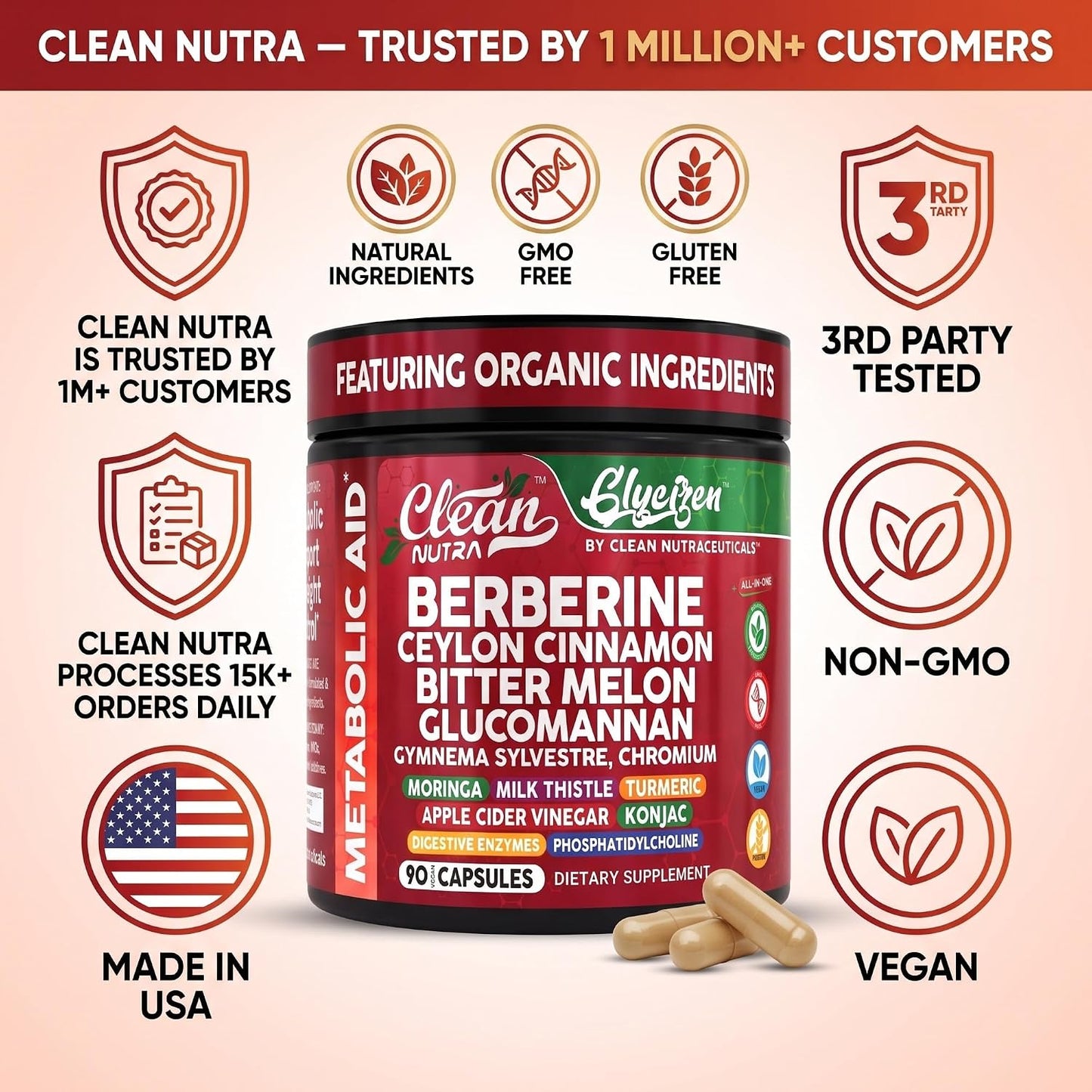 Clean Nutra Berberine and Ceylon Cinnamon Supplement Bitter Melon Glucomannan Gymnema Sylvestre Chromium Moringa Milk Thistle Turmeric Apple Cider Vinegar Digestive Enzymes Inositol Pills 90 Capsules