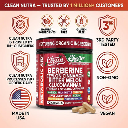 Clean Nutra Berberine and Ceylon Cinnamon Supplement Bitter Melon Glucomannan Gymnema Sylvestre Chromium Moringa Milk Thistle Turmeric Apple Cider Vinegar Digestive Enzymes Inositol Pills 90 Capsules