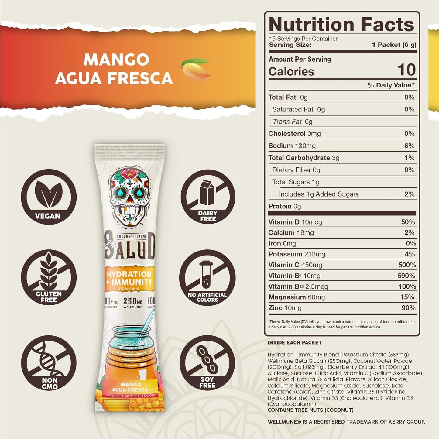 Salud 2-Pack | 2-in-1 Hydration + Immunity (Mango) & Hydration + Immunity (Hibiscus) – 15 Servings Each, Agua Fresca Drink Mix, Non-GMO, Gluten Free, Vegan, Low Calorie, 1g of Sugar