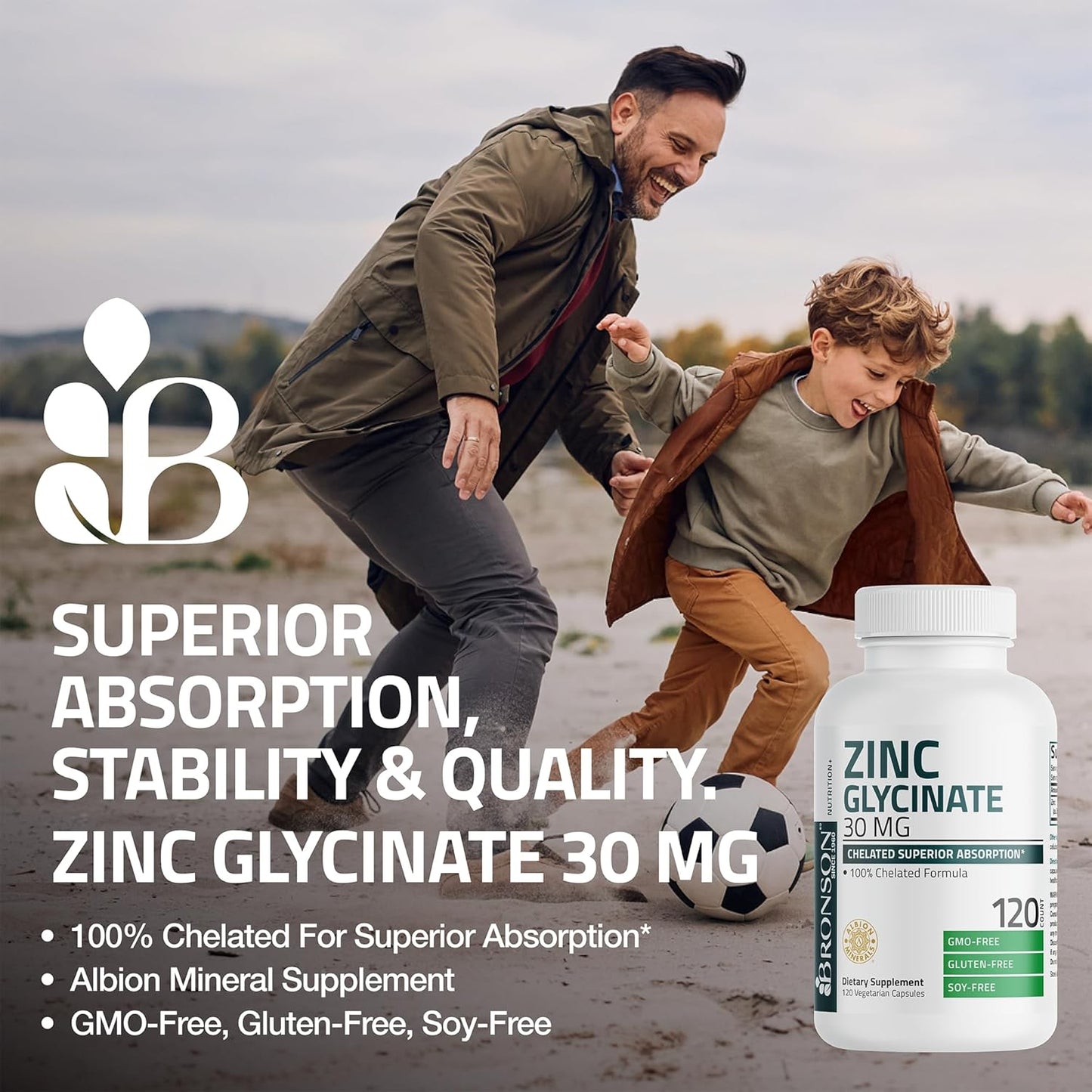 Bronson Zinc Glycinate 30mg Chelated Superior Absorption 100% Chelated Formula Non-GMO, 120 Vegetarian Capsules