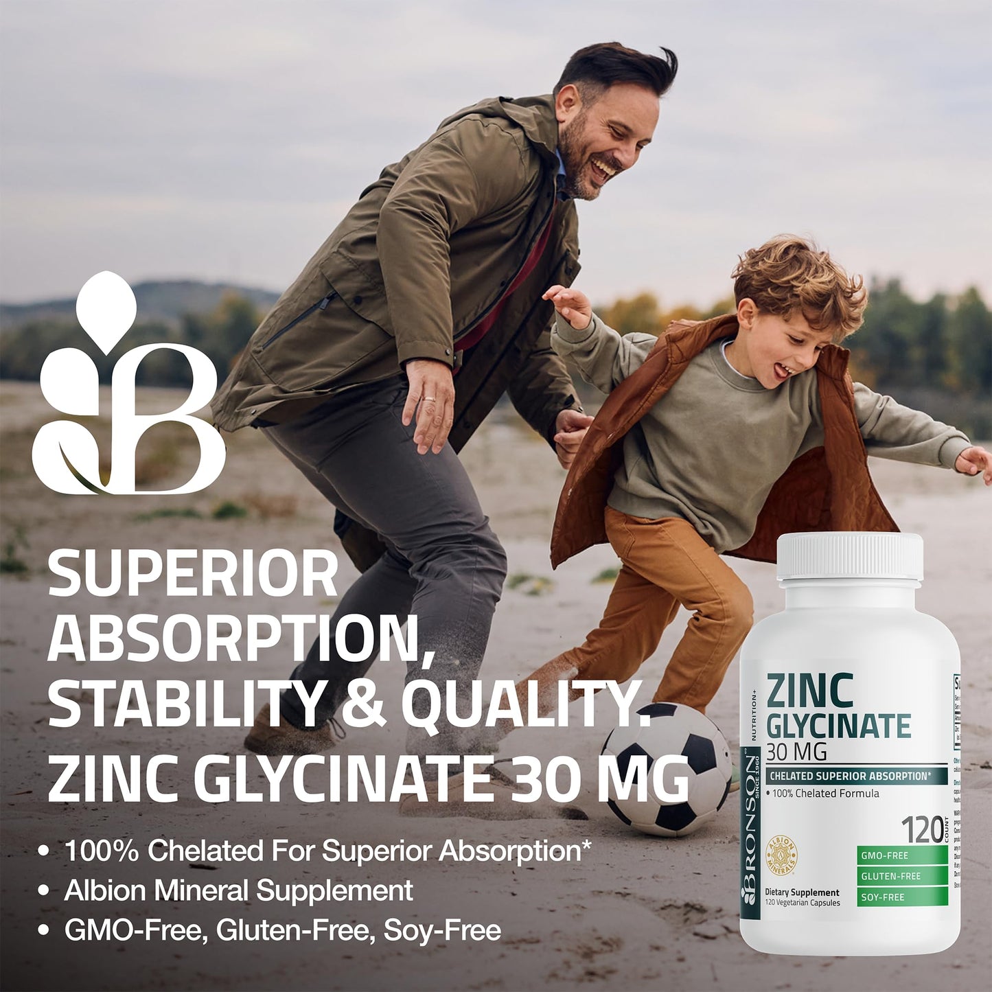 Bronson Zinc Glycinate 30mg Chelated Superior Absorption 100% Chelated Formula Non-GMO, 120 Vegetarian Capsules