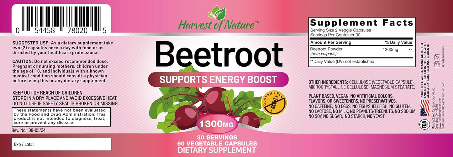 Harvest of Nature Beet Root Supplement 1300mg, 60 Capsules | Beet Root Powder, Energy & Endurance, Cardiovascular Health & Recovery, Vegan, Non-GMO