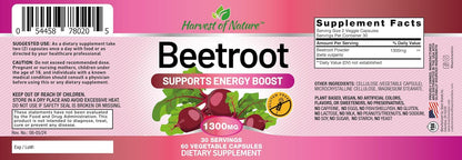 Harvest of Nature Beet Root Supplement 1300mg, 60 Capsules | Beet Root Powder, Energy & Endurance, Cardiovascular Health & Recovery, Vegan, Non-GMO