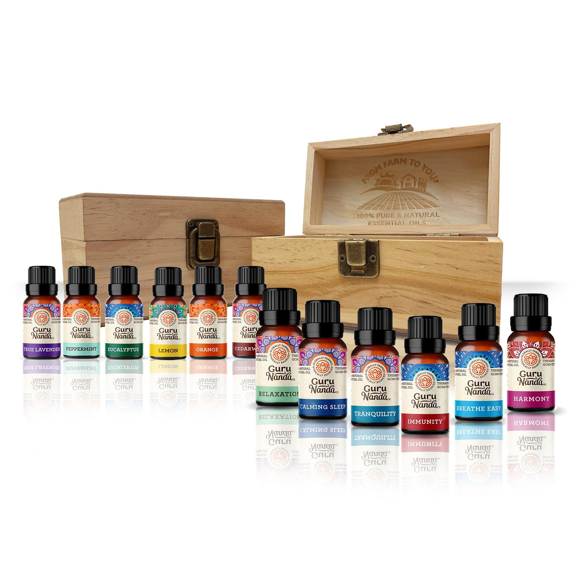 GuruNanda Essential Oils (Set of 12) with Wooden Storage Gift Box- 100% Pure & Undiluted Oils- Perfect for Aromatherapy, Massage, Beauty, Hair Care & Diffusers (Contains 6 Blends & 6 Singles)