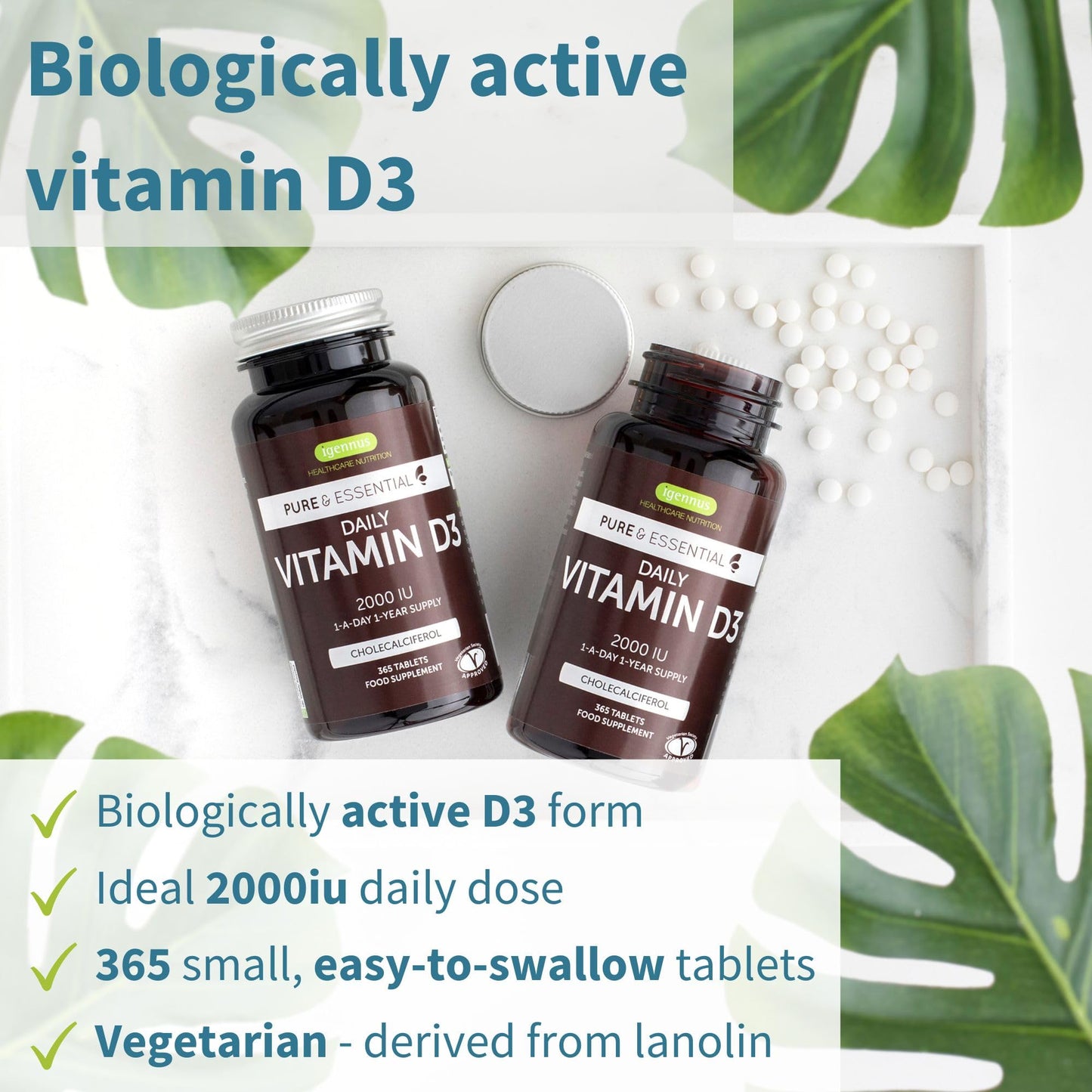 Igennus Daily Vitamin D3 2000iu, 50 mcg, Clean Label, 365 Small Tablets, 1-Year Supply, Vegetarian Cholecalciferol Vitamin D Supplement