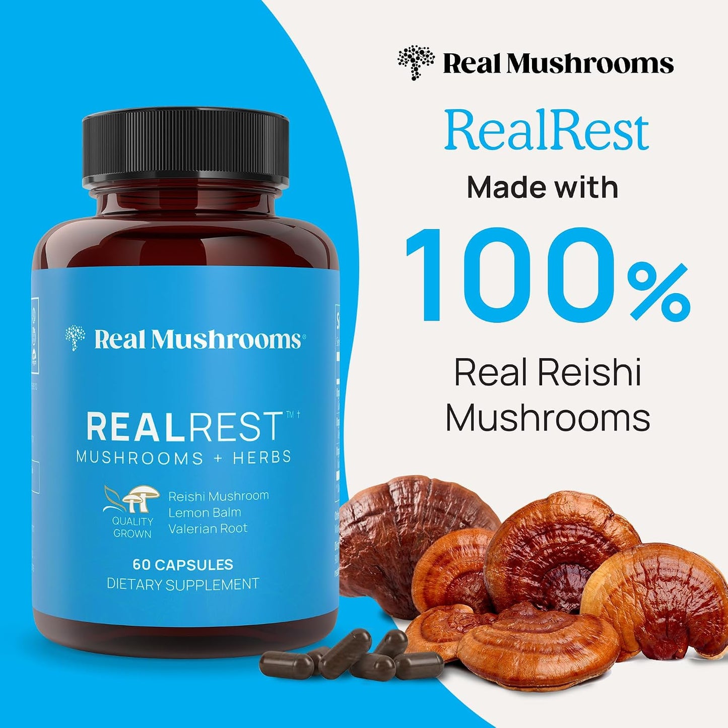 Real Mushrooms RealRest Capsules – Organic Reishi Mushroom and Lemon Balm Extract – Calmness, Mindfulness & Wellness Support – Vegan, Non-GMO, No Fillers – 60 Count Functional Mushroom Supplement