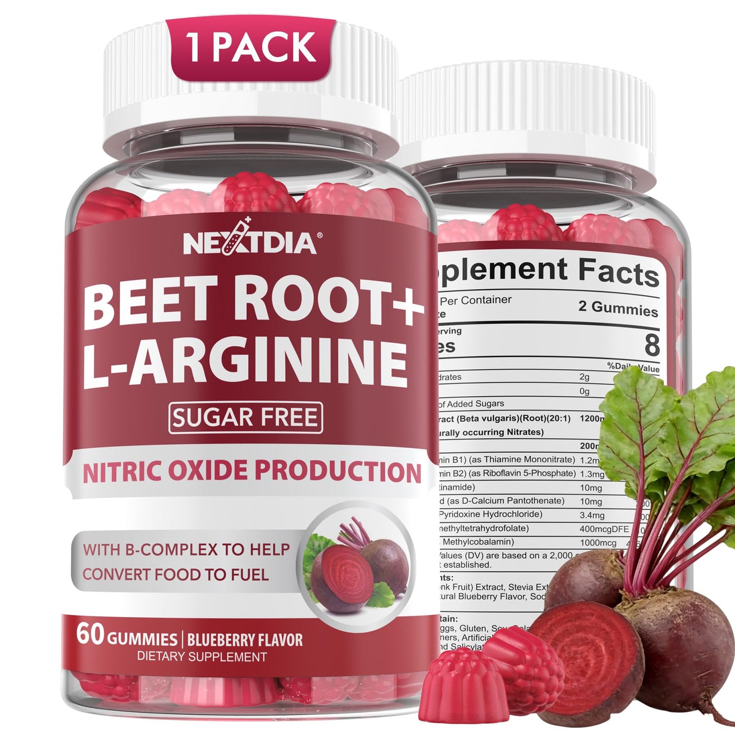 Beet Root Gummies, 9 IN 1 Nitric Oxide Supplements for Men & Women w/ L-Arginine, B1, B2, B3, B5, B6, Folate, B12, Sugar Free Beetroot Gummies for Energy Boost & Circulation, 120 Beet Chews, Vegan