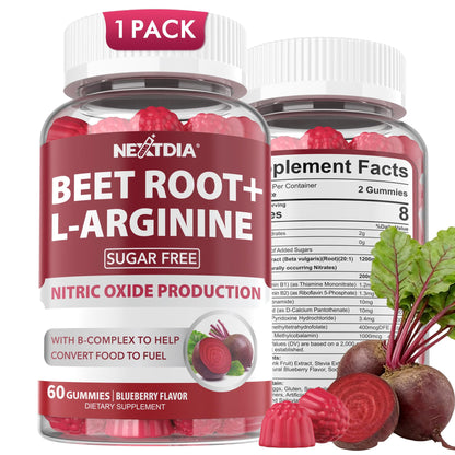 Beet Root Gummies, 9 IN 1 Nitric Oxide Supplements for Men & Women w/ L-Arginine, B1, B2, B3, B5, B6, Folate, B12, Sugar Free Beetroot Gummies for Energy Boost & Circulation, 120 Beet Chews, Vegan