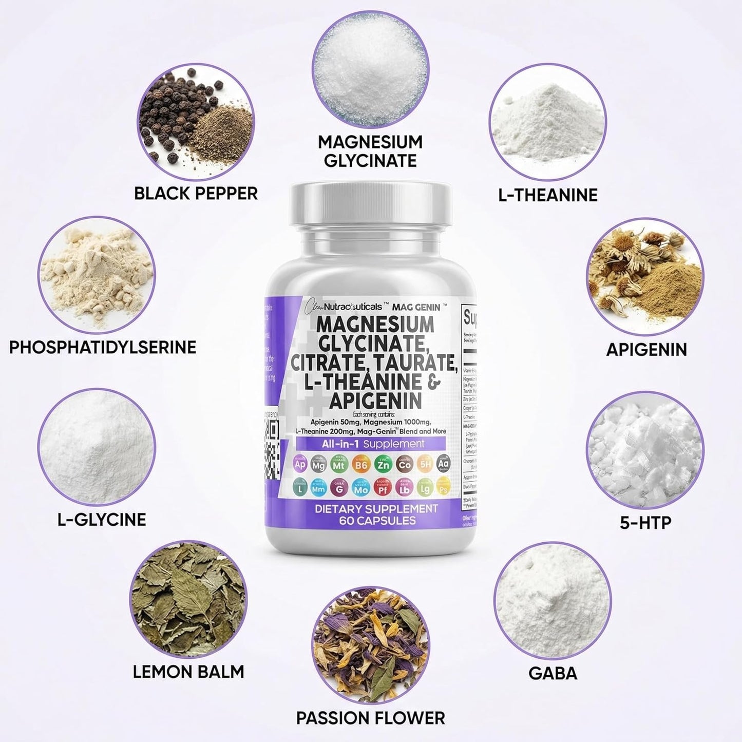 Clean Nutraceuticals Magnesium Glycinate Complex 1000mg with L-Theanine 200mg Apigenin 50mg Citrate Taurate Supplement - 5-HTP GABA Passion Flower Lemon Balm L-Glycine Phosphatidylserine - 60 Count