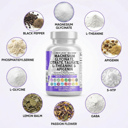 Clean Nutraceuticals Magnesium Glycinate Complex 1000mg with L-Theanine 200mg Apigenin 50mg Citrate Taurate Supplement - 5-HTP GABA Passion Flower Lemon Balm L-Glycine Phosphatidylserine - 60 Count