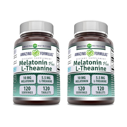 Amazing Formulas Melatonin 10 Mg Plus L-Theanine 5.5 Mg Supplement | Tablets | Non-GMO | Gluten Free | Made in USA | (1 Pack, 120 Tablets)
