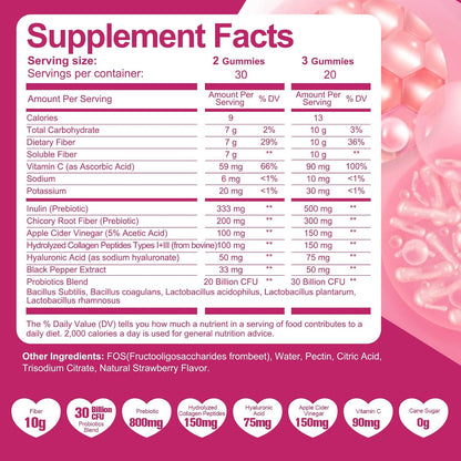 Migcopat 10G Fiber Gummies with Collagen Peptides, Hyaluronic Acid, Vitamin C, ACV, 30 Billion CFU Probiotics – Sugar Free Collagen Gummy for Skin, Hair & Nails – Digestive Health Support – 60 Cts
