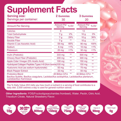 Migcopat 10G Fiber Gummies with Collagen Peptides, Hyaluronic Acid, Vitamin C, ACV, 30 Billion CFU Probiotics – Sugar Free Collagen Gummy for Skin, Hair & Nails – Digestive Health Support – 60 Cts