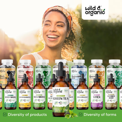 Wild & Organic Green Tea Extract Liquid Drops - Antioxidant Support - Pure Green Tea Supplement - 84-Day Supply - Vegan, Sugar & Alcohol-Free Camellia Sinensis Tincture - 4 fl oz