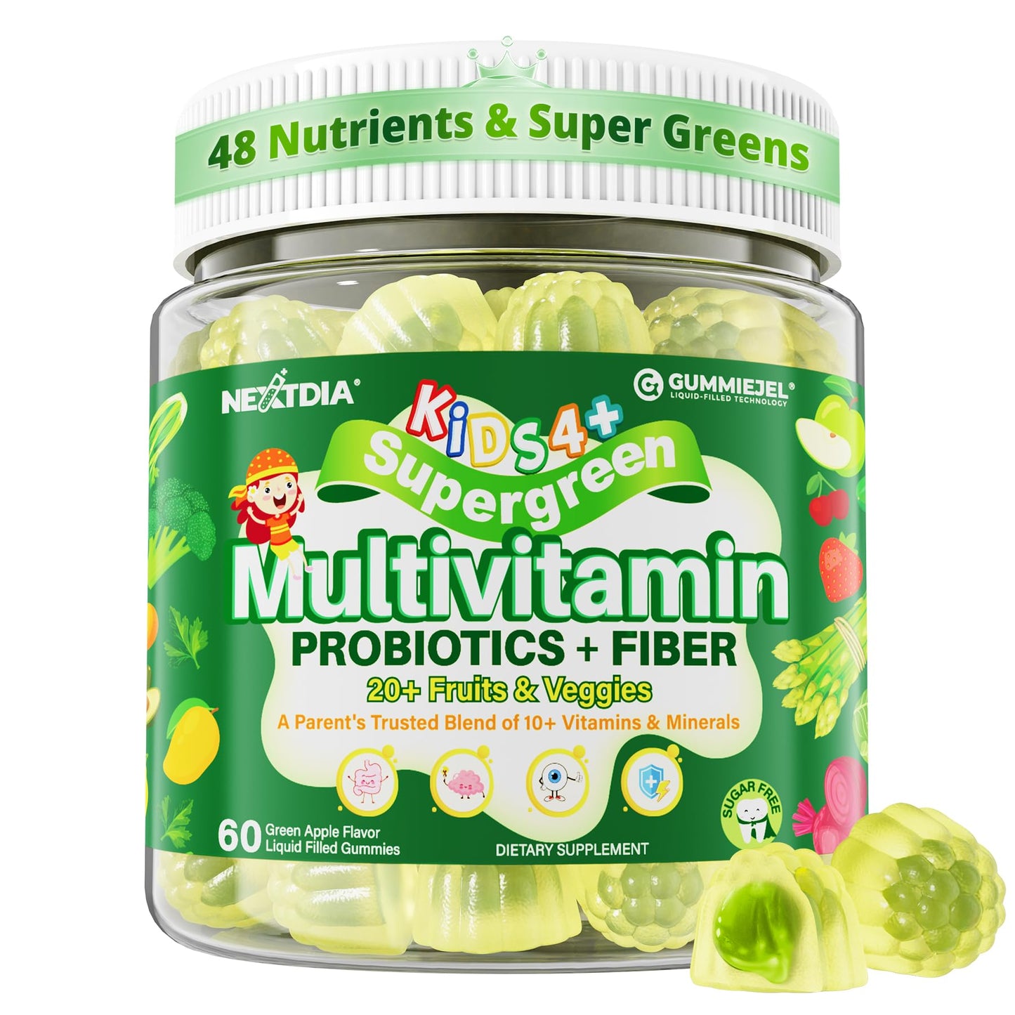 Kids Multivitamin Gummies, 20+ Super Greens Fruit Veggies Supplement Superfood Daily Fiber Gummies for Picky Eater with Probiotics Kids Gummy Vitamins & Minerals for Growth, Gut, Immune Support, 60Cts
