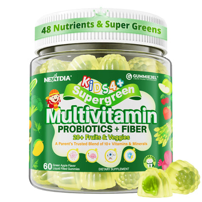 Kids Multivitamin Gummies, 20+ Super Greens Fruit Veggies Supplement Superfood Daily Fiber Gummies for Picky Eater with Probiotics Kids Gummy Vitamins & Minerals for Growth, Gut, Immune Support, 60Cts