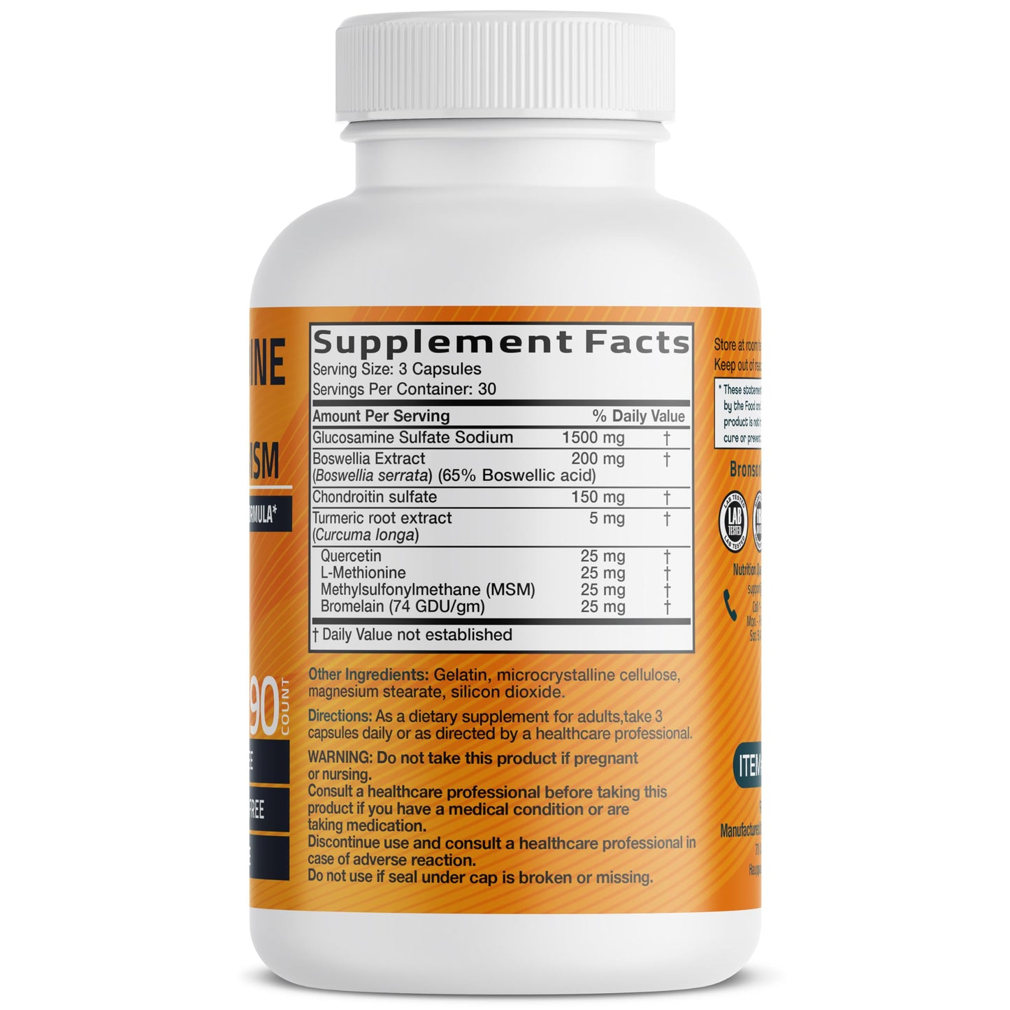 Bronson Glucosamine Chondroitin Turmeric & MSM Joint Support, 60 Capsules | Standardized Boswellia, Shellfish-Free Glucosamine, Mobility & Comfort Support, Non-GMO, Gluten-Free & Soy-Free