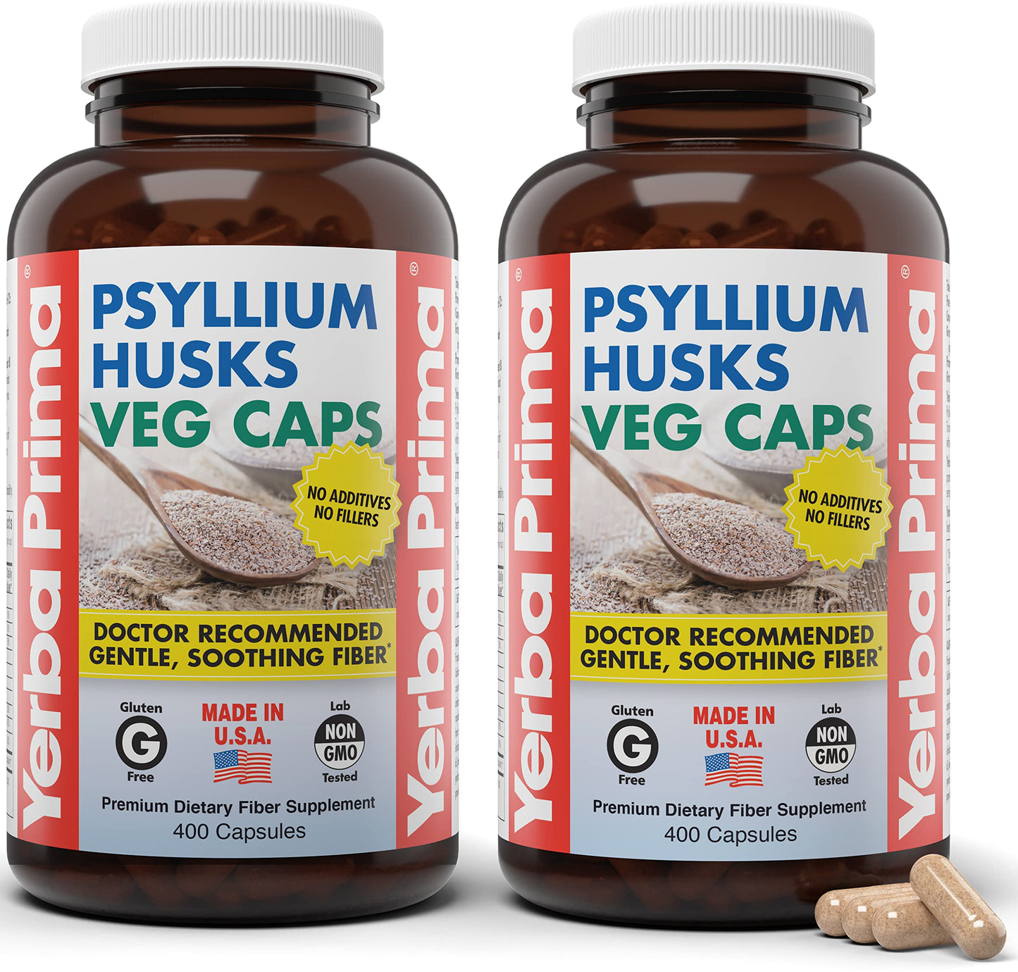 Yerba Prima Psyllium Husks Veg Caps, 400 Capsules (625mg) - Vegan, Non-GMO, Gluten Free, Colon Cleanser, Daily Fiber Supplement for Gut Health & Regularity