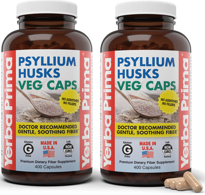 Yerba Prima Psyllium Husks Veg Caps, 400 Capsules (625mg) - Vegan, Non-GMO, Gluten Free, Colon Cleanser, Daily Fiber Supplement for Gut Health & Regularity