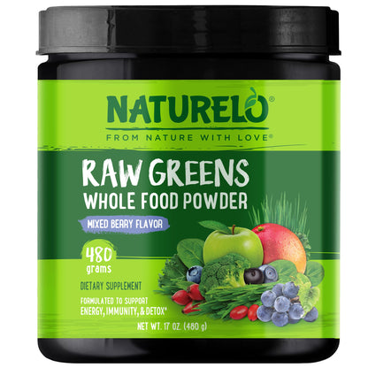 NATURELO Raw Greens Superfood Powder 480 Grams, Mixed Berry - Supports Energy, Immunity and Detox - Includes Spirulina, Wheat Grass and Organic Greens for Whole Food Nutrition