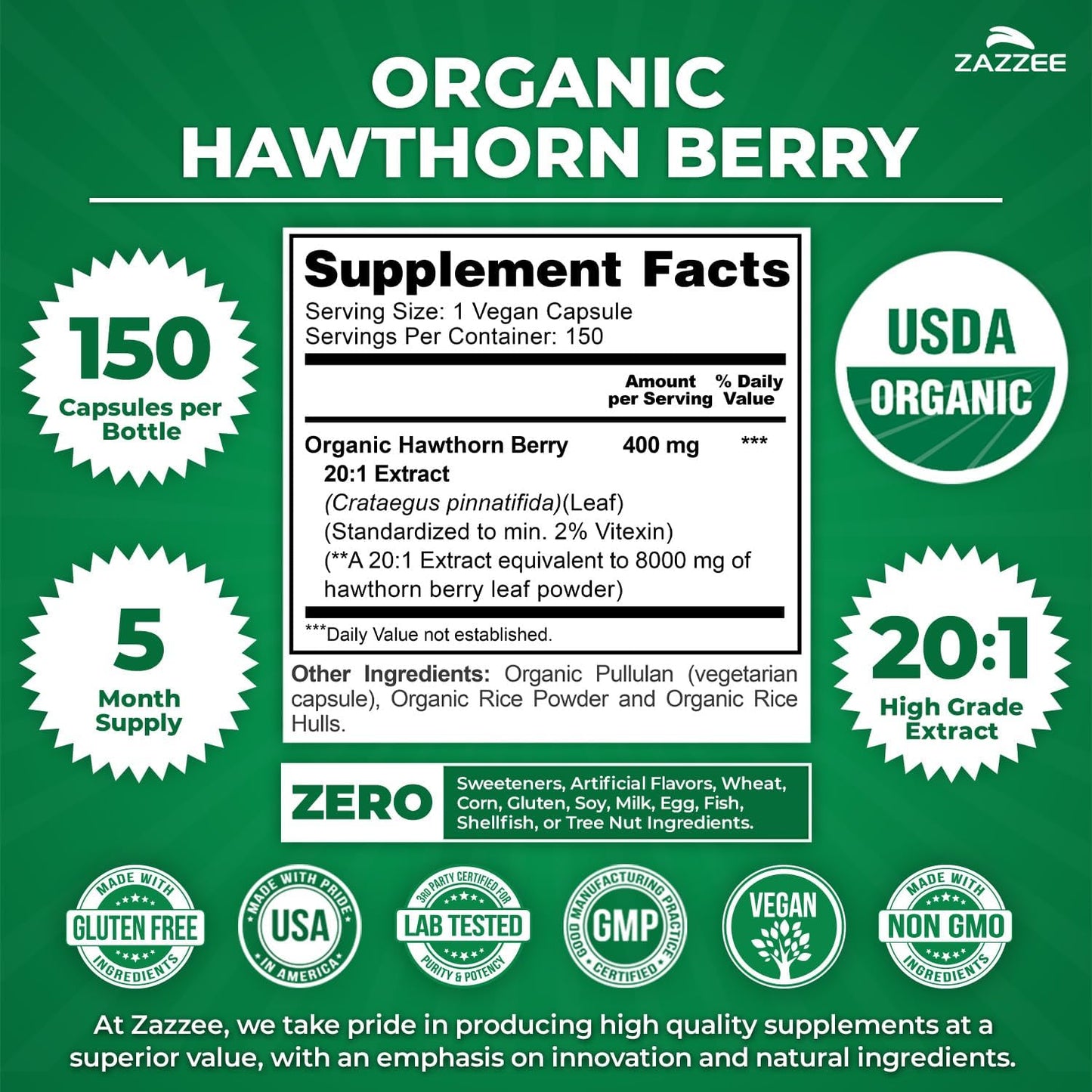 Zazzee USDA Organic Hawthorn Berry 20:1 Extract, 2% Vitexin, 150 Capsules | 5 Month Supply, Vegan, Crataegus Pinnatifida, Antioxidant & Circulation Support, Herbal Supplement, Non-GMO, Made in the USA