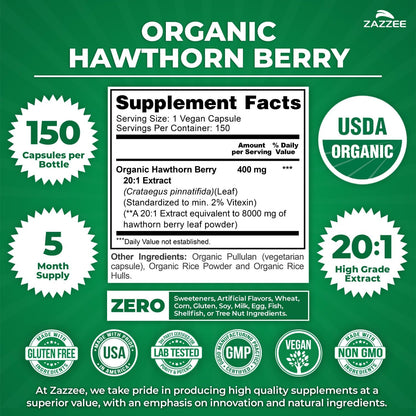 Zazzee USDA Organic Hawthorn Berry 20:1 Extract, 2% Vitexin, 150 Capsules | 5 Month Supply, Vegan, Crataegus Pinnatifida, Antioxidant & Circulation Support, Herbal Supplement, Non-GMO, Made in the USA