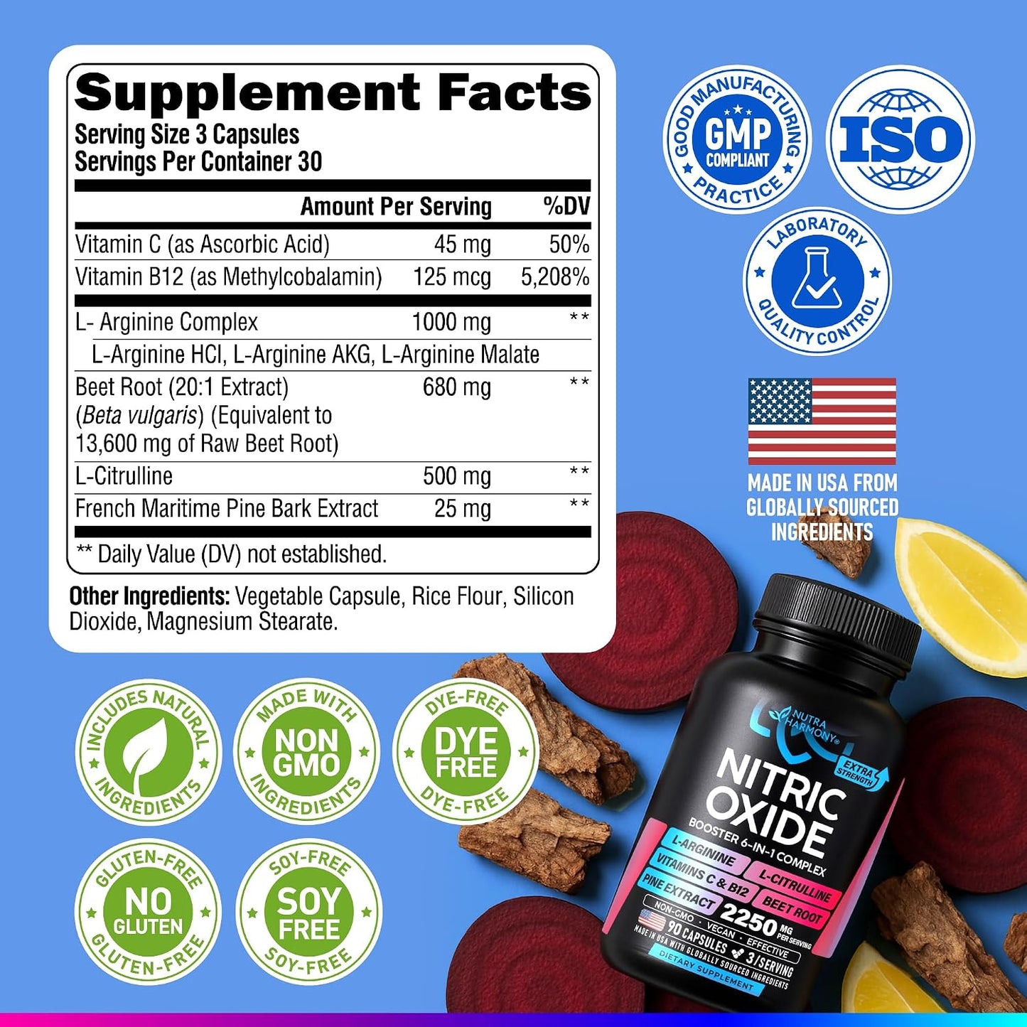 Nitric Oxide Supplement for Men & Women 2250 mg - Nitric Oxide Booster - Pine Bark | L-Arginine | L-Citrulline | Beet Root | Vitamin C & B12 - Muscles, Energy & Circulation - Lab Tested, 90 Capsules