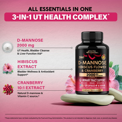 D-Mannose 2000mg with Cranberry & Hibiscus - Clinically Tested Strength for Urinary Tract Health - Supplement for Women - Bladder, Liver & Microflora Support - Lab Tested - Vegan, 120 Capsules