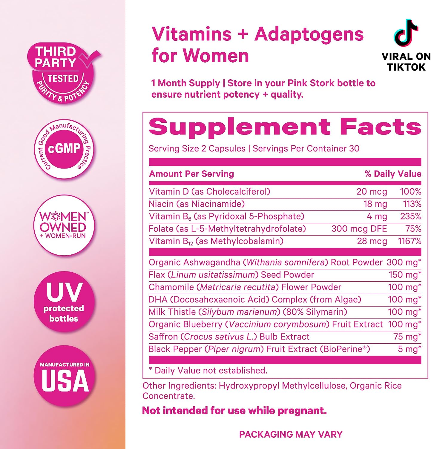 Pink Stork Cortisol Complex for Women - 60 Capsules | Adaptogenic Adrenal + Stress Support, 300mg Organic Ashwagandha, Algae DHA, Saffron, Methylated B Vitamins, Non-Drowsy