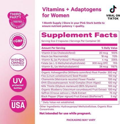 Pink Stork Cortisol Complex for Women - 60 Capsules | Adaptogenic Adrenal + Stress Support, 300mg Organic Ashwagandha, Algae DHA, Saffron, Methylated B Vitamins, Non-Drowsy