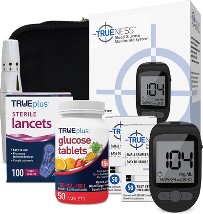 TRUEplus 50ct Tropical Glucose Tablets and TRUENESS Blood Glucose Meter Bundle - Monitor, Case, 100 Test Strips, 100 Lancets, Lancing Device
