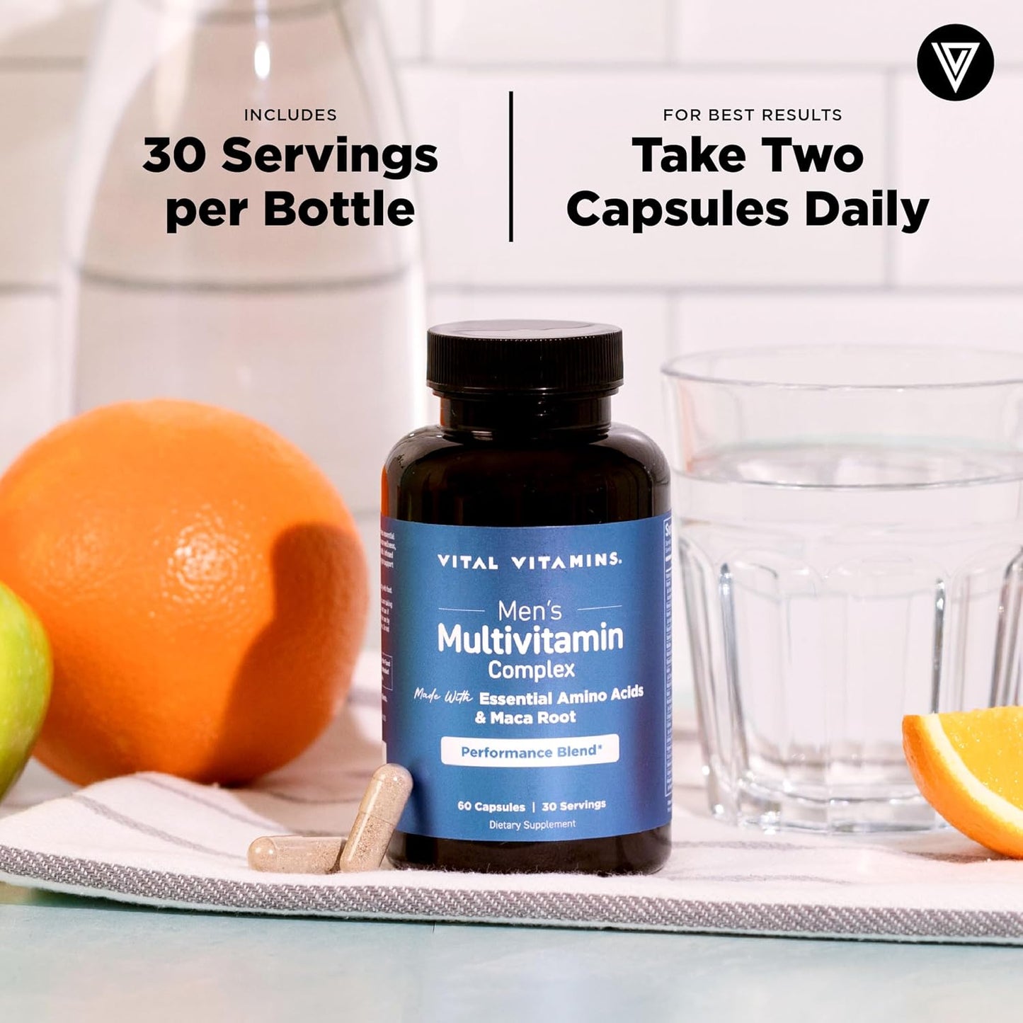 Vital Vitamins Men's Multivitamin Complex for Vitality & Performance | Complete Multivitamins with Essential Amino Blend, Maca Root, Saw Palmetto & Panax Ginseng, 60 Capsules