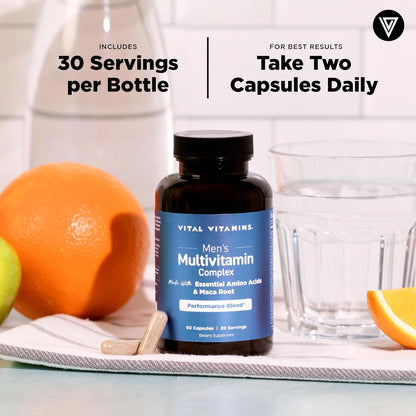 Vital Vitamins Men's Multivitamin Complex for Vitality & Performance | Complete Multivitamins with Essential Amino Blend, Maca Root, Saw Palmetto & Panax Ginseng, 60 Capsules