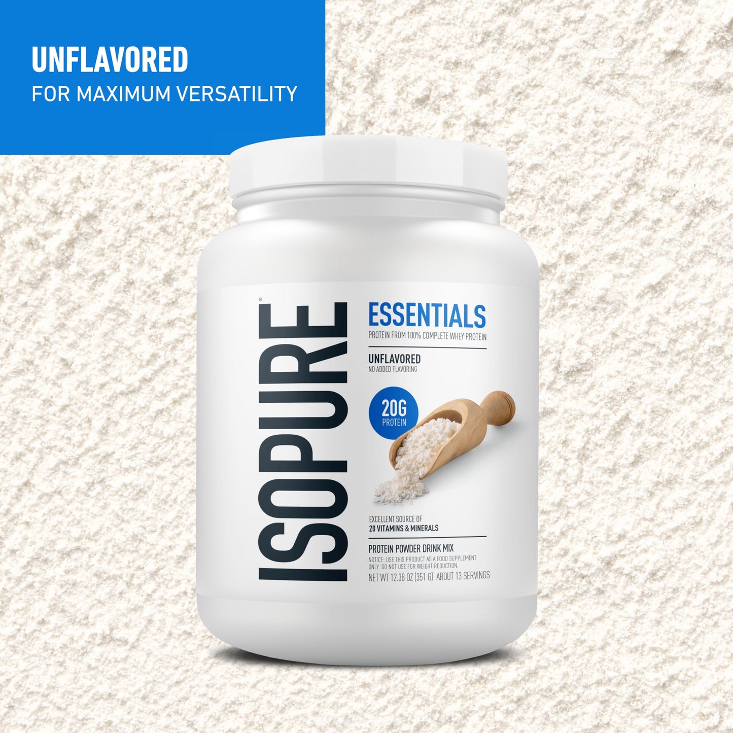 Isopure Essentials 100% Whey Protein Powder, with Vitamins, 20g Protein Per Serving, Unflavored, 13 Servings (Pack of 1)