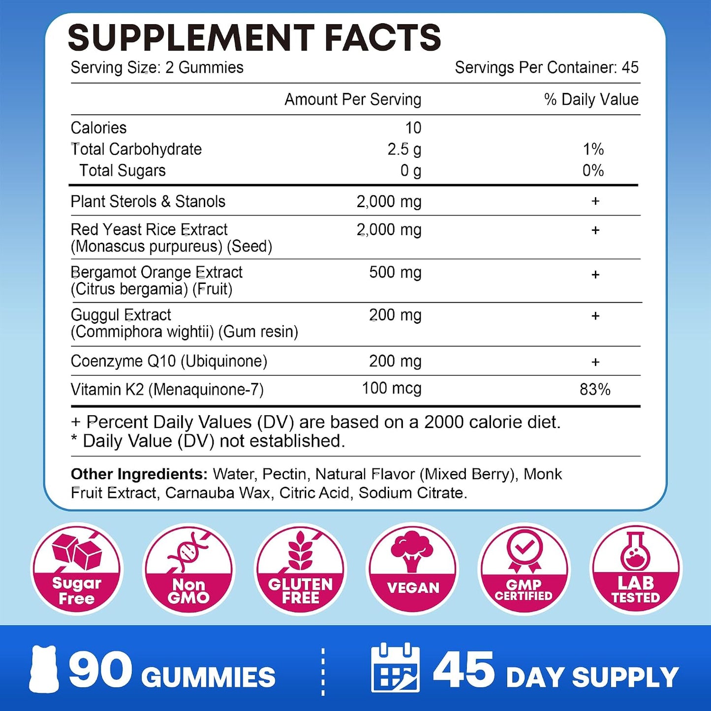 Cholesterol Lowering Supplements Gummies, Cholesterol Gummies with Plant Sterols & Stanols, Red Yeast Rice, Lower Cholesterol Naturally – Vegan, Non-GMO, Mixed Berry Flavor, 90Ct