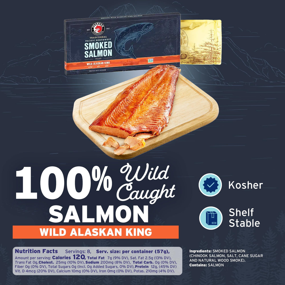 SeaBear Smoked Salmon Trio 18oz (3 x 6oz) Fillets Gift Box – Wild Alaska Sockeye, Wild Pink & Coho Fillets, Shelf Stable, Ready to Eat, 18 Ounce (3 x 6 Ounce) Filets
