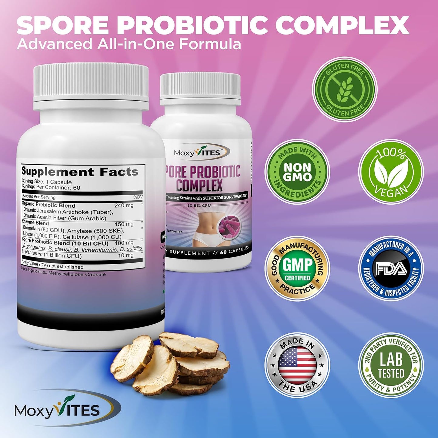 MoxyVites Spore Probiotic Complex - All In One Prebiotics and Probiotics for Digestive Health, Postbiotic, Digestive Enzymes Daily Supplement - Spore Based Probiotic for Women & Men