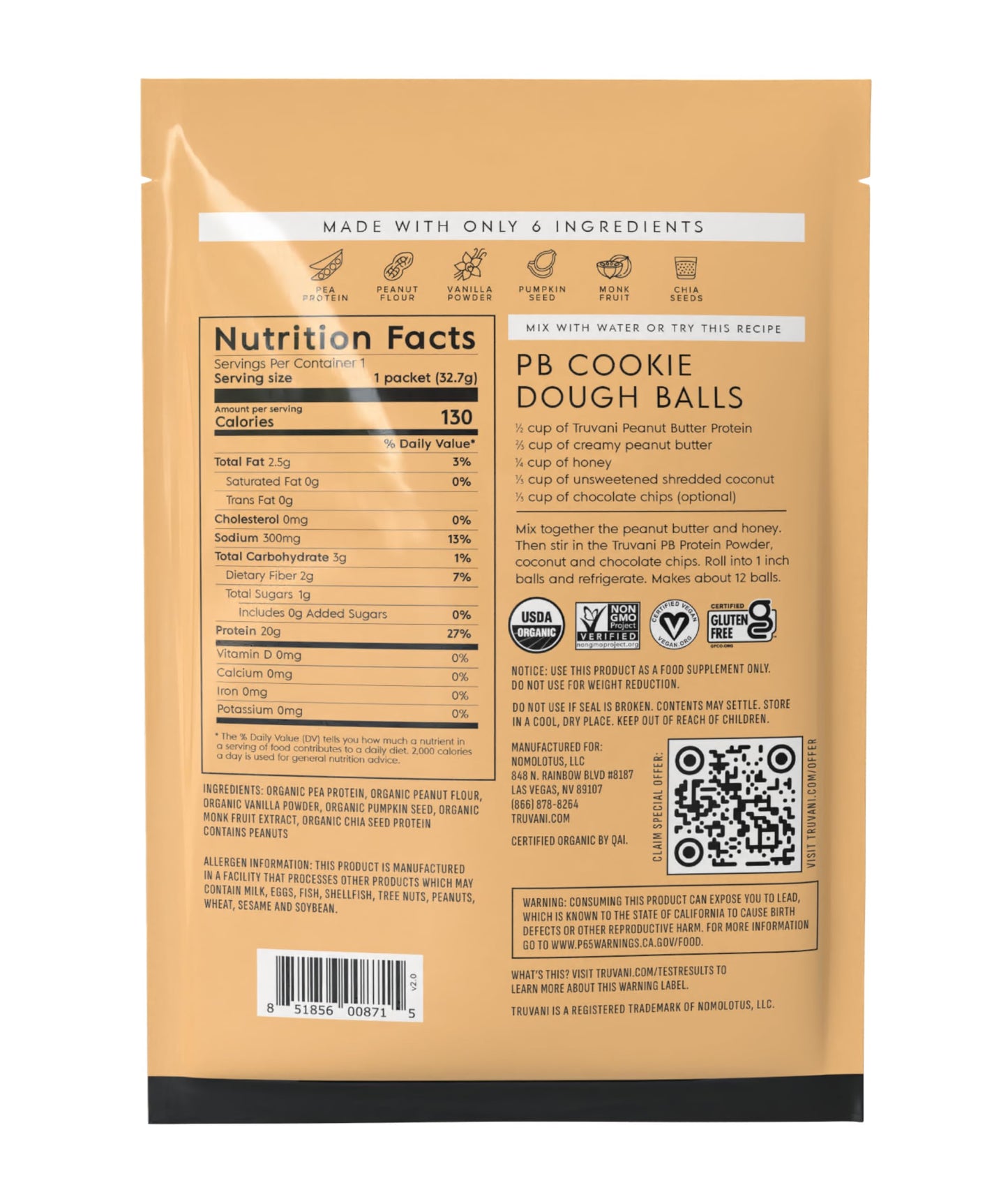 Truvani Organic Plant Based Protein Powder | Vanilla | 1 Serving | Vegan | 20g Pea Protein | Keto | Gluten & Dairy Free | Low Carb | No Added Sugar
